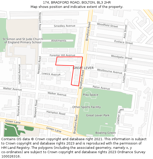 174, BRADFORD ROAD, BOLTON, BL3 2HR: Location map and indicative extent of plot