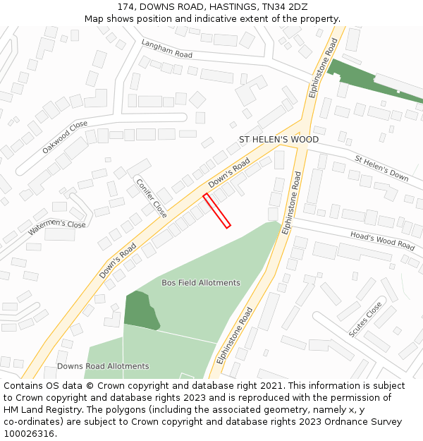 174, DOWNS ROAD, HASTINGS, TN34 2DZ: Location map and indicative extent of plot