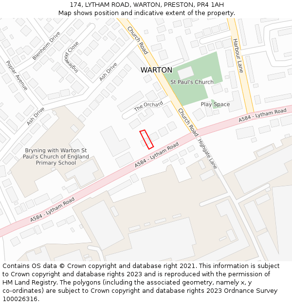 174, LYTHAM ROAD, WARTON, PRESTON, PR4 1AH: Location map and indicative extent of plot
