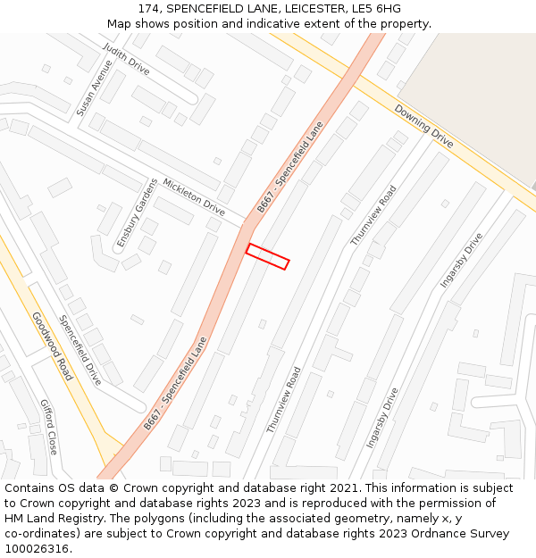 174, SPENCEFIELD LANE, LEICESTER, LE5 6HG: Location map and indicative extent of plot