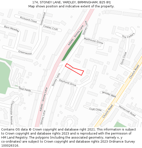 174, STONEY LANE, YARDLEY, BIRMINGHAM, B25 8YJ: Location map and indicative extent of plot
