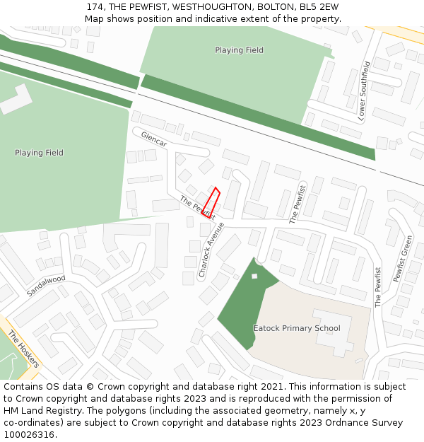174, THE PEWFIST, WESTHOUGHTON, BOLTON, BL5 2EW: Location map and indicative extent of plot