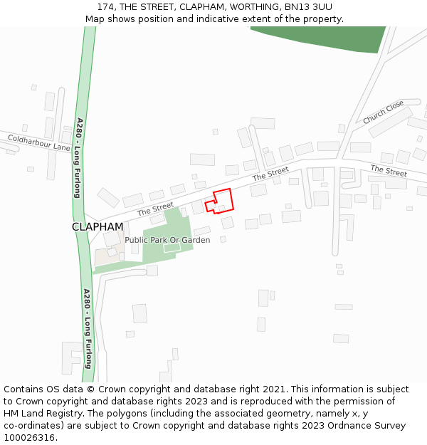 174, THE STREET, CLAPHAM, WORTHING, BN13 3UU: Location map and indicative extent of plot
