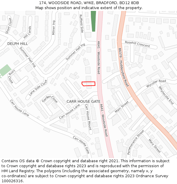 174, WOODSIDE ROAD, WYKE, BRADFORD, BD12 8DB: Location map and indicative extent of plot