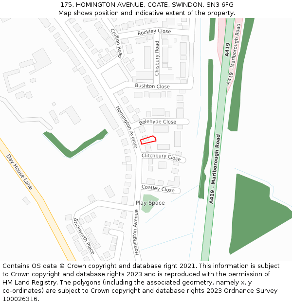 175, HOMINGTON AVENUE, COATE, SWINDON, SN3 6FG: Location map and indicative extent of plot
