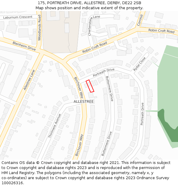 175, PORTREATH DRIVE, ALLESTREE, DERBY, DE22 2SB: Location map and indicative extent of plot