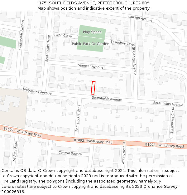 175, SOUTHFIELDS AVENUE, PETERBOROUGH, PE2 8RY: Location map and indicative extent of plot