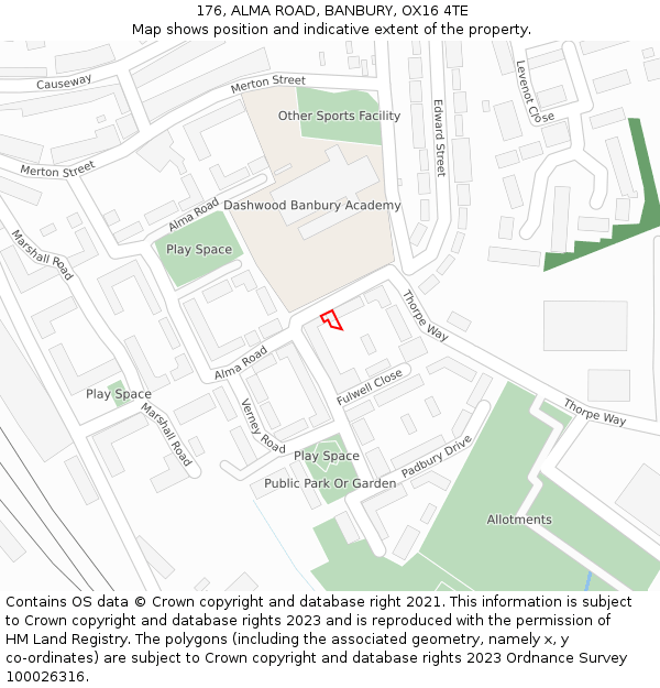 176, ALMA ROAD, BANBURY, OX16 4TE: Location map and indicative extent of plot