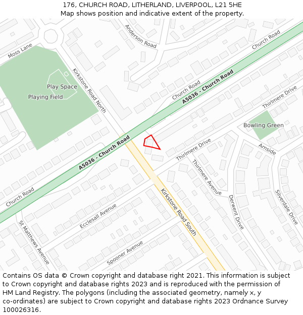 176, CHURCH ROAD, LITHERLAND, LIVERPOOL, L21 5HE: Location map and indicative extent of plot