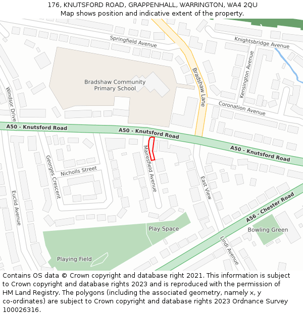 176, KNUTSFORD ROAD, GRAPPENHALL, WARRINGTON, WA4 2QU: Location map and indicative extent of plot
