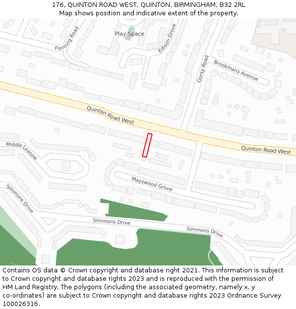 176, QUINTON ROAD WEST, QUINTON, BIRMINGHAM, B32 2RL: Location map and indicative extent of plot