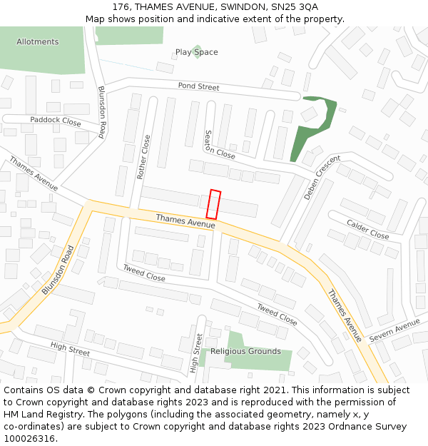 176, THAMES AVENUE, SWINDON, SN25 3QA: Location map and indicative extent of plot