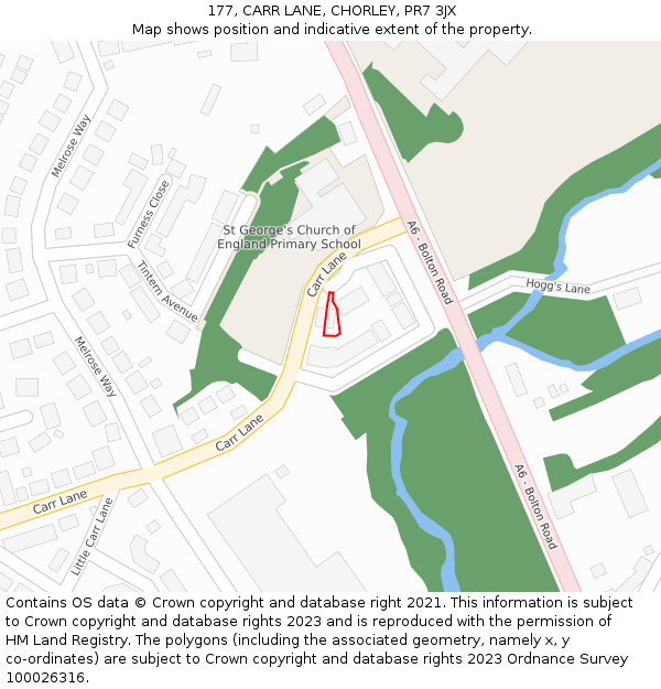 177, CARR LANE, CHORLEY, PR7 3JX: Location map and indicative extent of plot