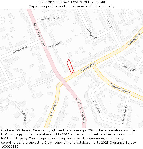 177, COLVILLE ROAD, LOWESTOFT, NR33 9RE: Location map and indicative extent of plot