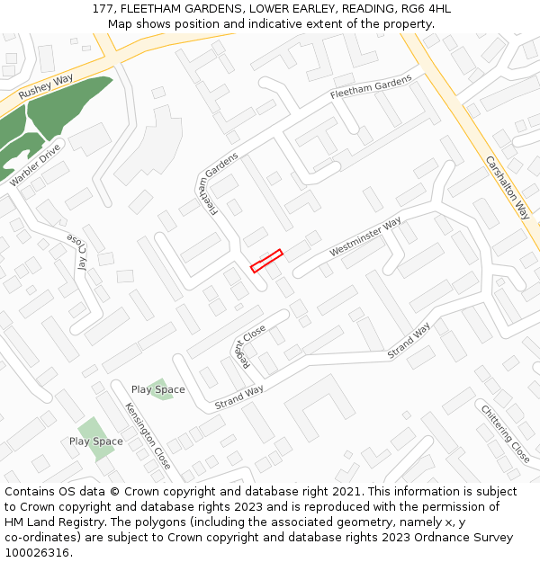 177, FLEETHAM GARDENS, LOWER EARLEY, READING, RG6 4HL: Location map and indicative extent of plot