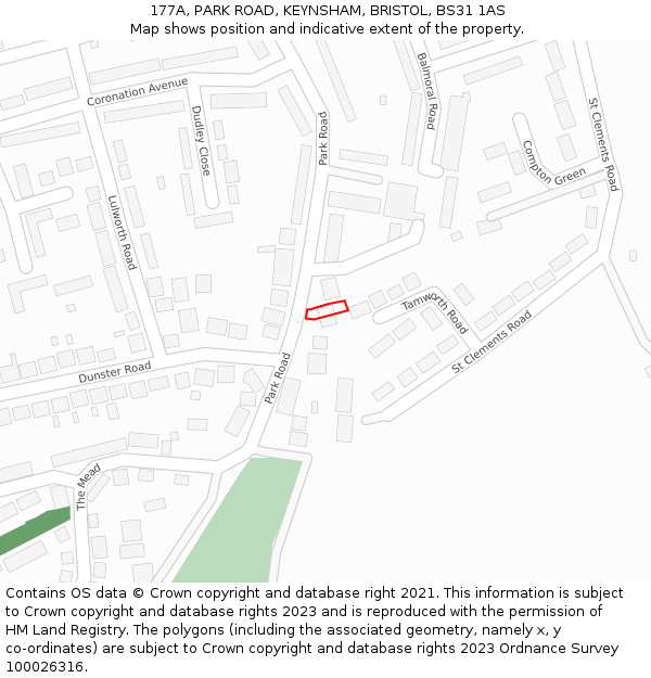 177A, PARK ROAD, KEYNSHAM, BRISTOL, BS31 1AS: Location map and indicative extent of plot
