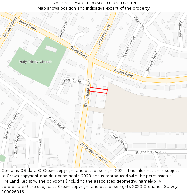 178, BISHOPSCOTE ROAD, LUTON, LU3 1PE: Location map and indicative extent of plot