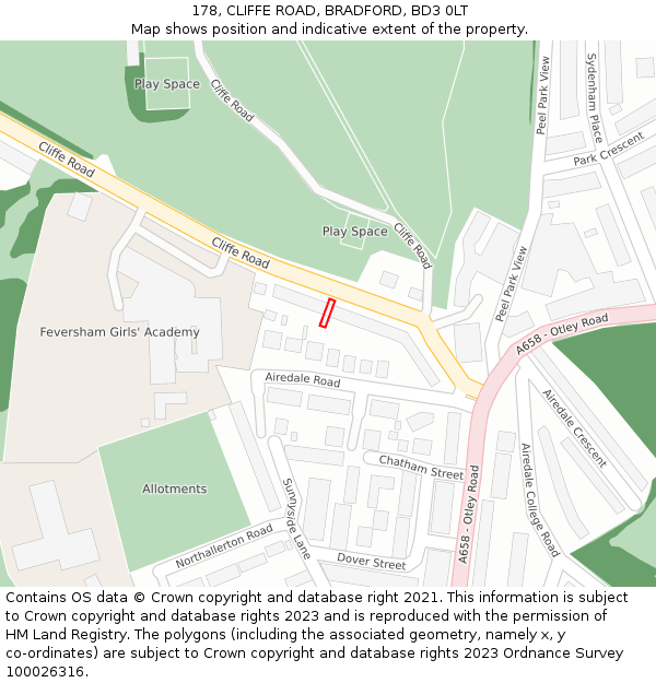 178, CLIFFE ROAD, BRADFORD, BD3 0LT: Location map and indicative extent of plot