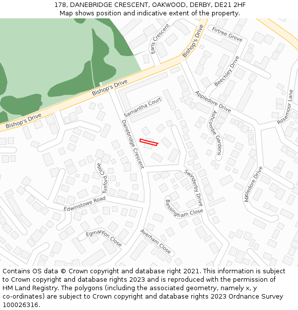 178, DANEBRIDGE CRESCENT, OAKWOOD, DERBY, DE21 2HF: Location map and indicative extent of plot