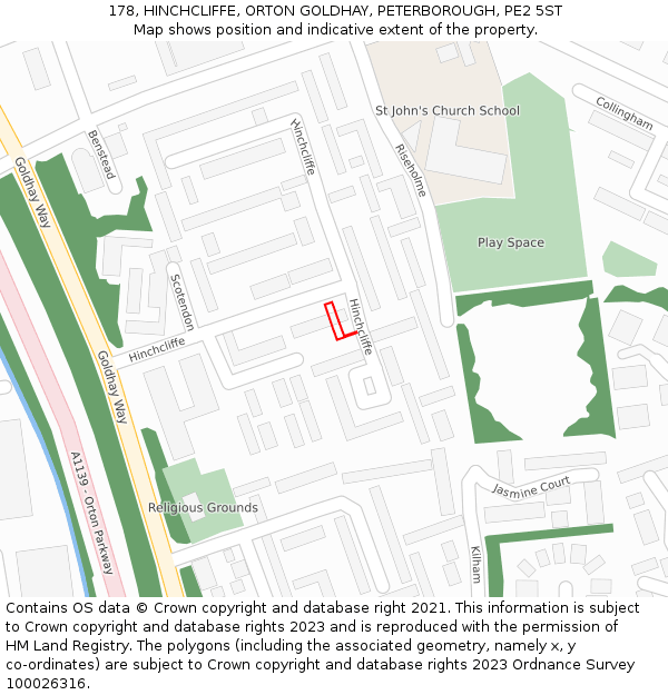 178, HINCHCLIFFE, ORTON GOLDHAY, PETERBOROUGH, PE2 5ST: Location map and indicative extent of plot