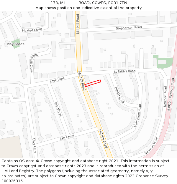178, MILL HILL ROAD, COWES, PO31 7EN: Location map and indicative extent of plot