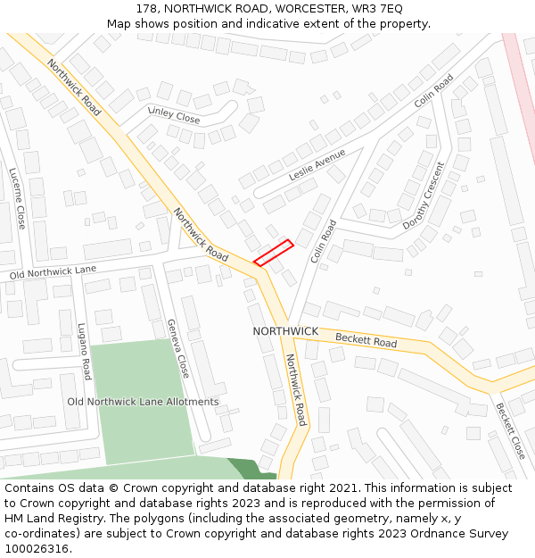 178, NORTHWICK ROAD, WORCESTER, WR3 7EQ: Location map and indicative extent of plot
