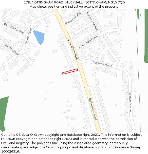 178, NOTTINGHAM ROAD, HUCKNALL, NOTTINGHAM, NG15 7QD: Location map and indicative extent of plot