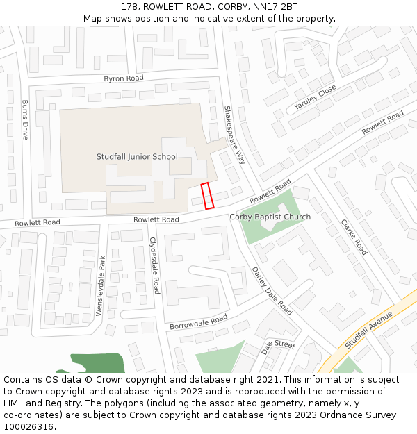 178, ROWLETT ROAD, CORBY, NN17 2BT: Location map and indicative extent of plot