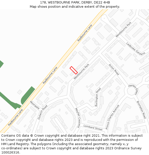 178, WESTBOURNE PARK, DERBY, DE22 4HB: Location map and indicative extent of plot