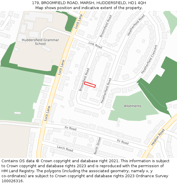 179, BROOMFIELD ROAD, MARSH, HUDDERSFIELD, HD1 4QH: Location map and indicative extent of plot
