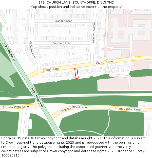 179, CHURCH LANE, SCUNTHORPE, DN15 7HD: Location map and indicative extent of plot