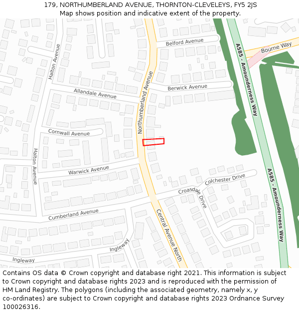 179, NORTHUMBERLAND AVENUE, THORNTON-CLEVELEYS, FY5 2JS: Location map and indicative extent of plot