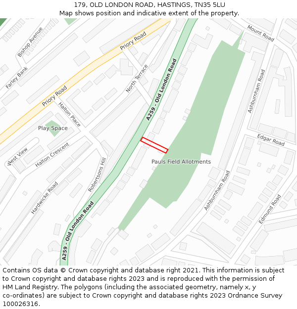 179, OLD LONDON ROAD, HASTINGS, TN35 5LU: Location map and indicative extent of plot