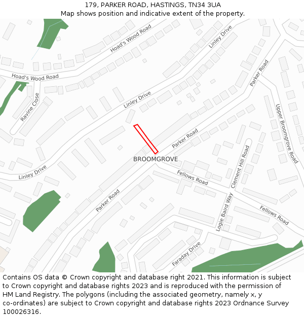 179, PARKER ROAD, HASTINGS, TN34 3UA: Location map and indicative extent of plot