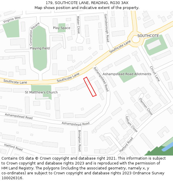 179, SOUTHCOTE LANE, READING, RG30 3AX: Location map and indicative extent of plot
