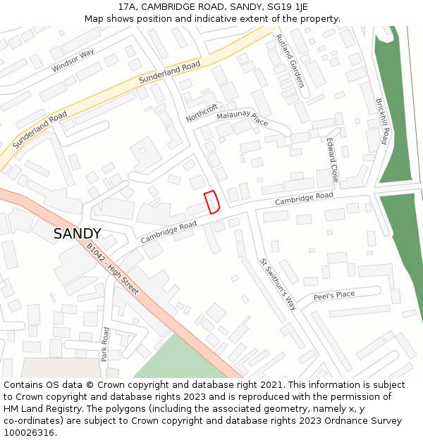 17A, CAMBRIDGE ROAD, SANDY, SG19 1JE: Location map and indicative extent of plot