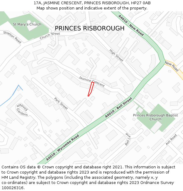 17A, JASMINE CRESCENT, PRINCES RISBOROUGH, HP27 0AB: Location map and indicative extent of plot
