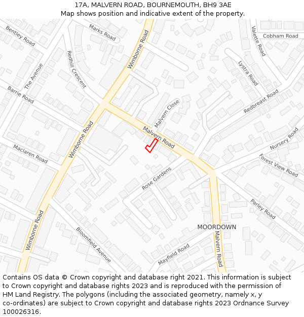 17A, MALVERN ROAD, BOURNEMOUTH, BH9 3AE: Location map and indicative extent of plot