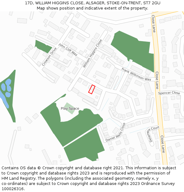 17D, WILLIAM HIGGINS CLOSE, ALSAGER, STOKE-ON-TRENT, ST7 2GU: Location map and indicative extent of plot