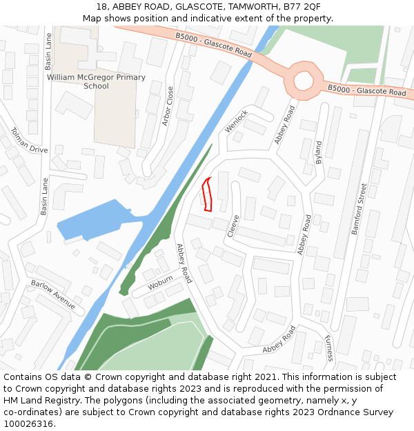 18, ABBEY ROAD, GLASCOTE, TAMWORTH, B77 2QF: Location map and indicative extent of plot