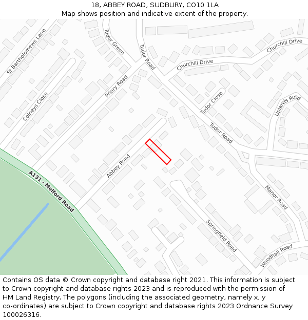 18, ABBEY ROAD, SUDBURY, CO10 1LA: Location map and indicative extent of plot