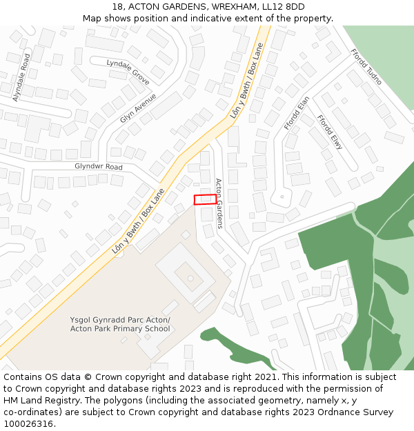 18, ACTON GARDENS, WREXHAM, LL12 8DD: Location map and indicative extent of plot