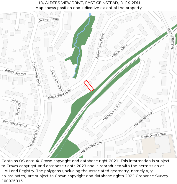 18, ALDERS VIEW DRIVE, EAST GRINSTEAD, RH19 2DN: Location map and indicative extent of plot