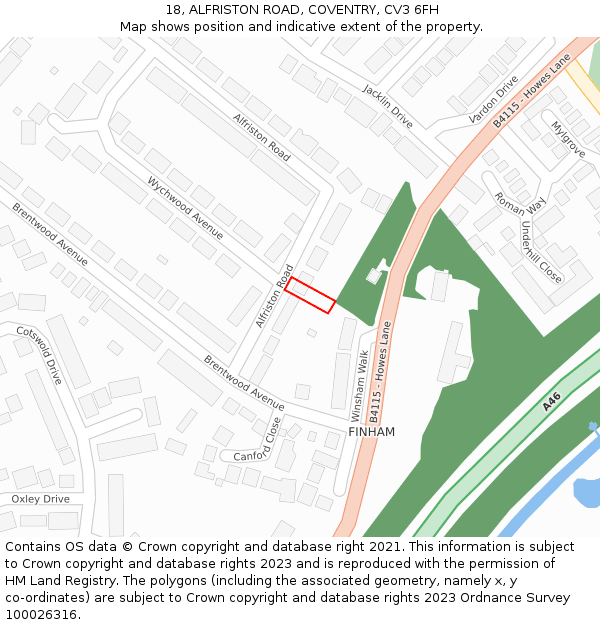 18, ALFRISTON ROAD, COVENTRY, CV3 6FH: Location map and indicative extent of plot