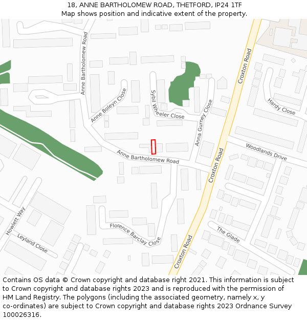 18, ANNE BARTHOLOMEW ROAD, THETFORD, IP24 1TF: Location map and indicative extent of plot