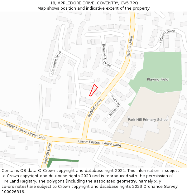 18, APPLEDORE DRIVE, COVENTRY, CV5 7PQ: Location map and indicative extent of plot