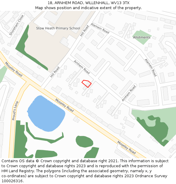 18, ARNHEM ROAD, WILLENHALL, WV13 3TX: Location map and indicative extent of plot