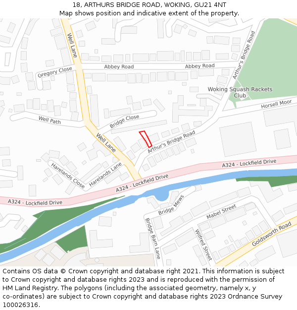 18, ARTHURS BRIDGE ROAD, WOKING, GU21 4NT: Location map and indicative extent of plot