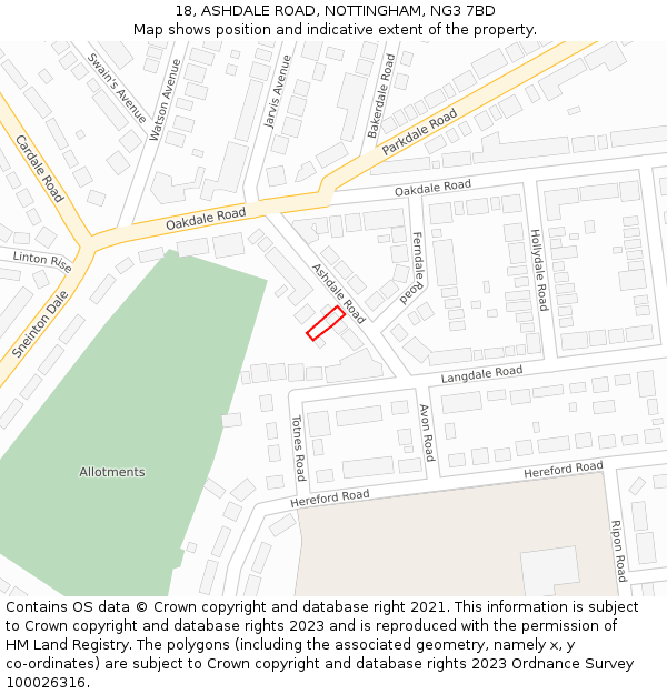 18, ASHDALE ROAD, NOTTINGHAM, NG3 7BD: Location map and indicative extent of plot