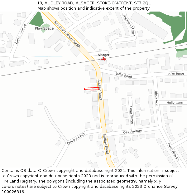 18, AUDLEY ROAD, ALSAGER, STOKE-ON-TRENT, ST7 2QL: Location map and indicative extent of plot